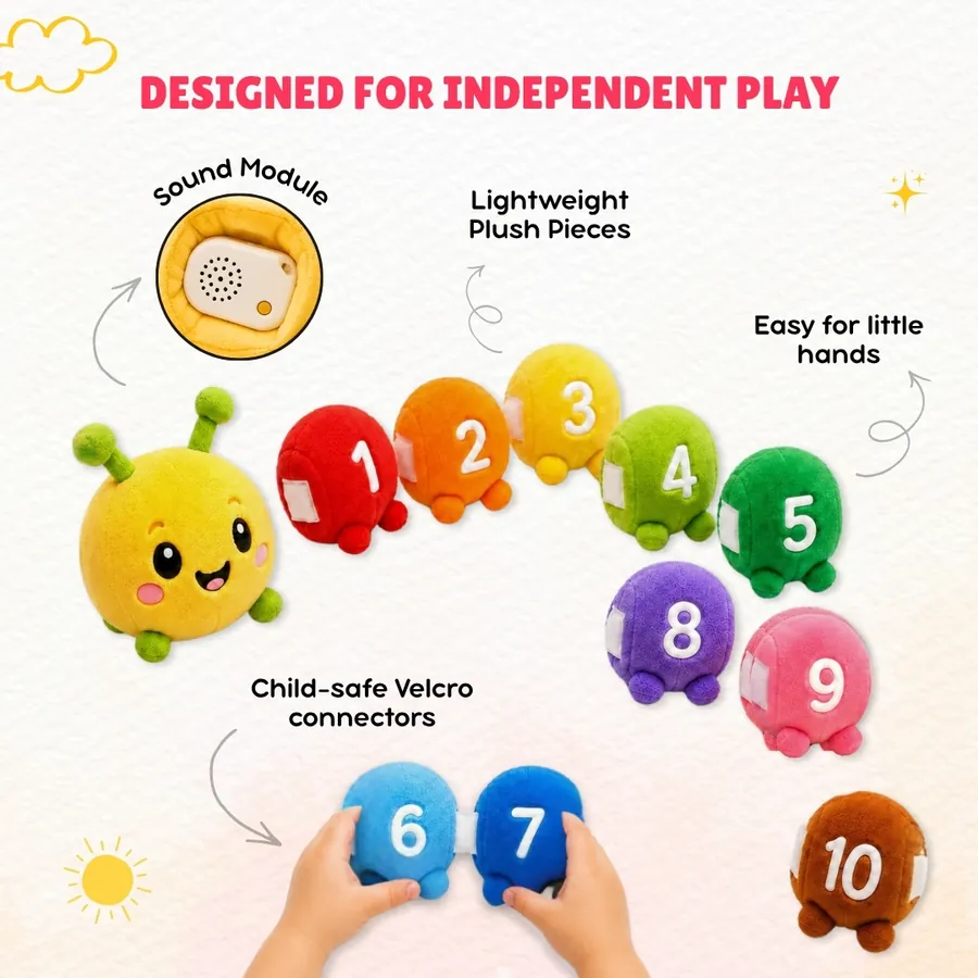Built to teach numbers — sound module, child-safe Velcro, lightweight plush segments